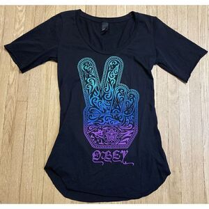 Womens S OBEY Shepard Fairey Black Peace Sign Graphic Short Sleeve Tee Shirt